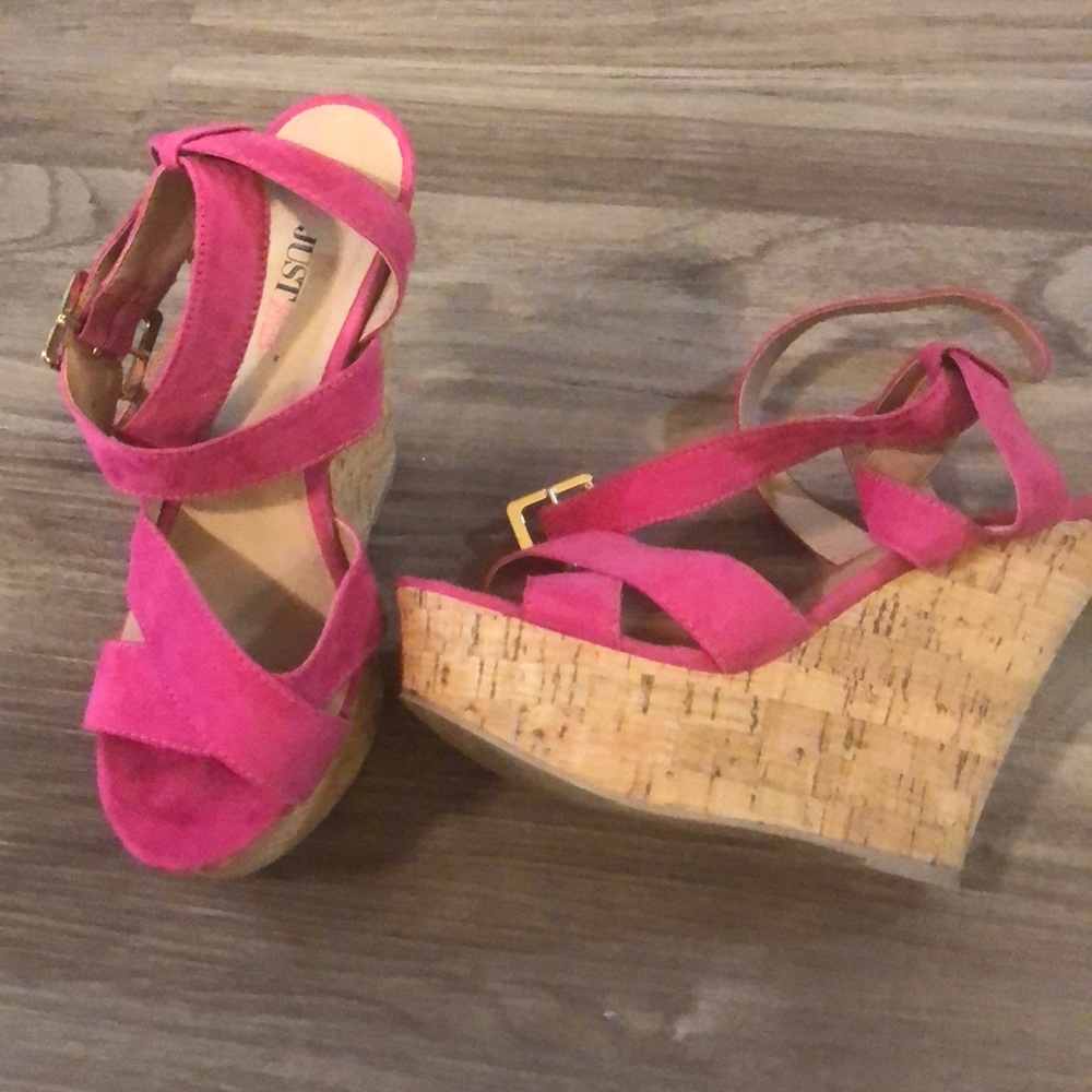 Fuchsia strap wedges